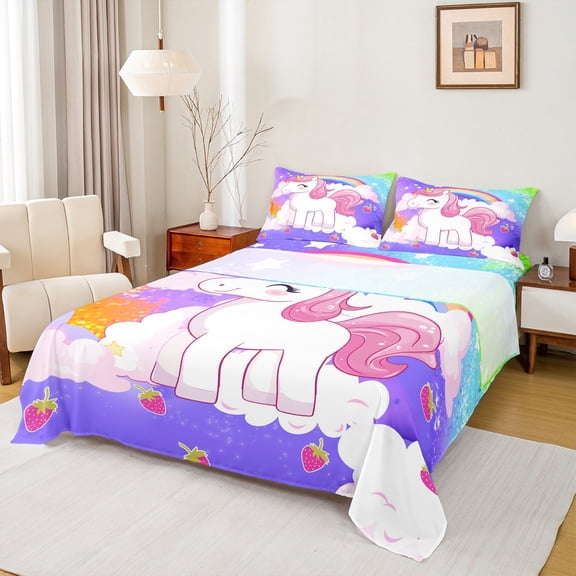 Castle Fairy Cartoon Animal Unicorn 4Pcs Bed Sheets,Kawaii Strawberry King Sheets,Gradient Rainbow Super Cozy Sheet Set for Kids Children,Super Cozy Room Decor
