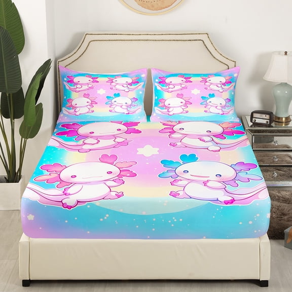 Castle Fairy Cartoon Axolotl 4-Piece Full Size Sheets,Gradient Ombre Bed Sheets,Starry Sky Lightweight Sheet Sets,Ultra Soft Animal Home Decor
