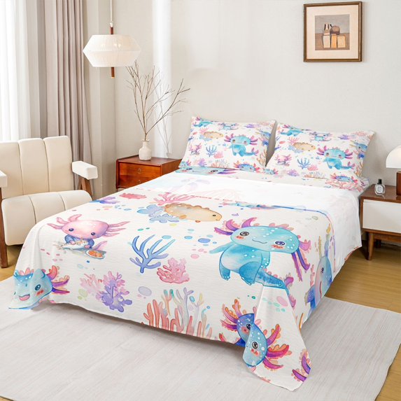 Castle Fairy Cartoon Axolotl 4 Pieces Queen Sheet Sets for Kids Children,Ocean Marine Animal Ultra Soft Flat Sheet,Cartoon Wildlife Queen Fitted Sheet,Microfiber Bedroom Decor