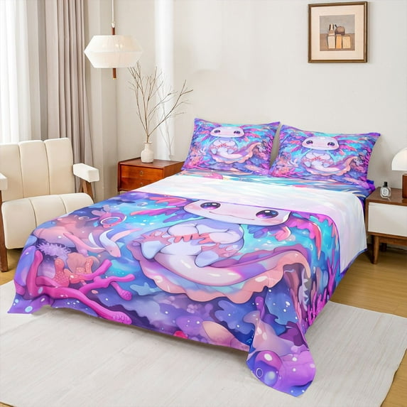Castle Fairy Cartoon Axolotl 4 Pieces Queen Sheet Sets for Preppy Child,Ocean Salamander Ultra Soft Flat Sheet,Kawaii Marine Animal Queen Fitted Sheet,Microfiber Bedroom Decor