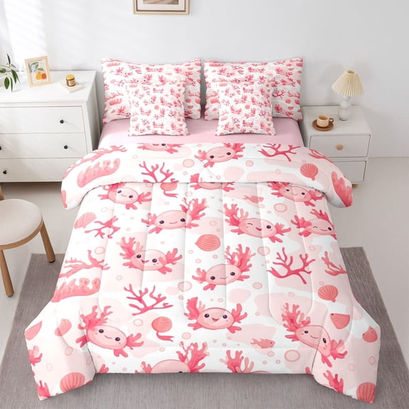 Castle Fairy Cartoon Axolotl Bedding Comforter Set,Cute Ocean Animal King Bedding Sets