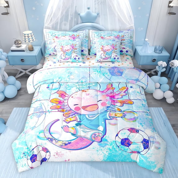 Castle Fairy Cartoon Axolotl Twin Bedding Sets,Soccer Salamander Bedding Comforter Set