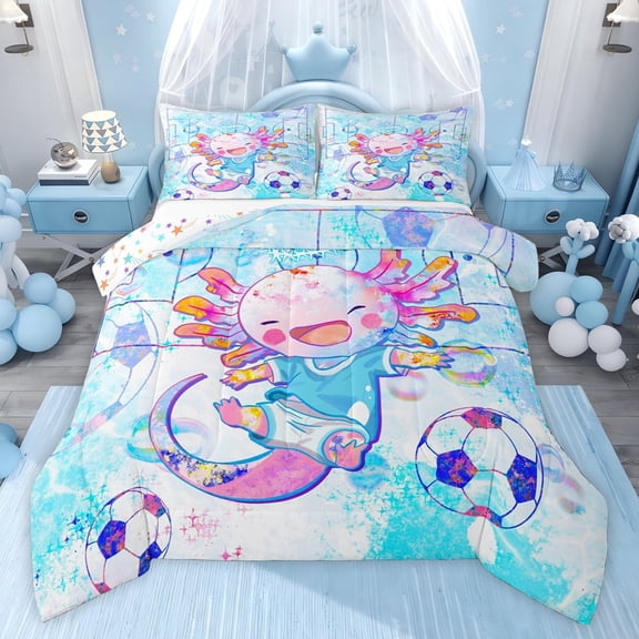 Castle Fairy Cartoon Axolotl Twin Comforter Sets,Sport Soccer Salamander Bedding Set
