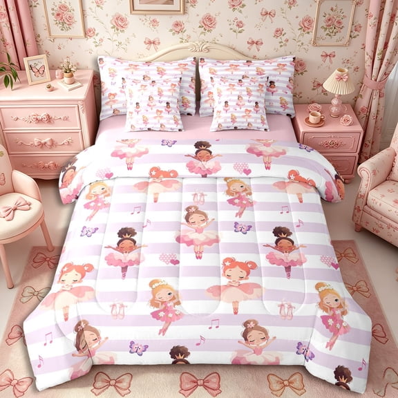 Castle Fairy Cartoon Ballet Girl King Bedding 7pcs,Musical Notes Stripes King Bed in a Bag,Purple,Pink Reversible