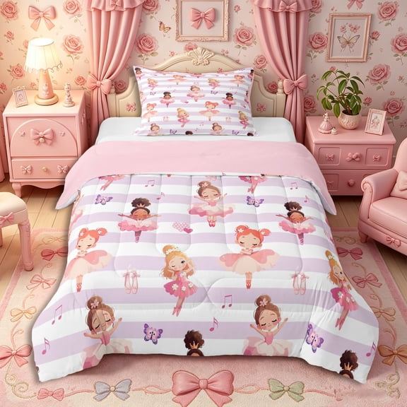 Castle Fairy Cartoon Ballet Girl Twin Comforter Sets 2pcs,Musical Notes Stripes Bedding Set,Purple,Pink Reversible,1 Comforter and 1 Pillowcase