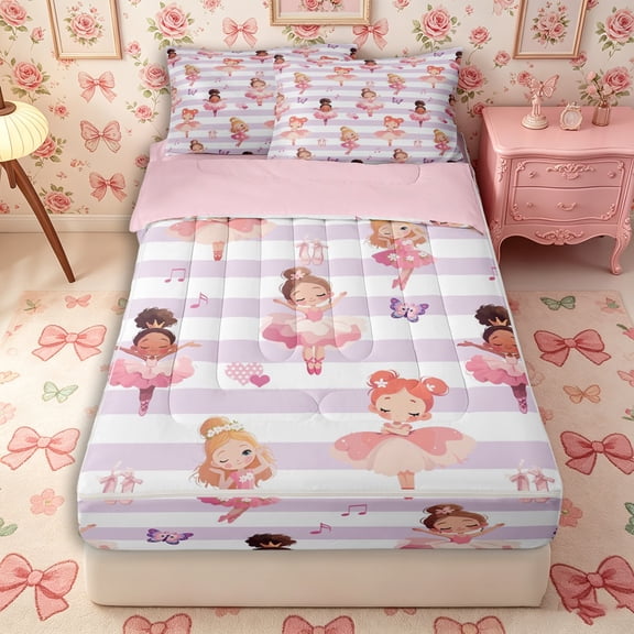 Castle Fairy Cartoon Ballet Girl Zipper Full Size Comforter Sets with Fitted Sheet and 2 Pillowcases,Musical Notes Stripes Zipper Bedding Set,Purple,Pink Reversible,4pcs
