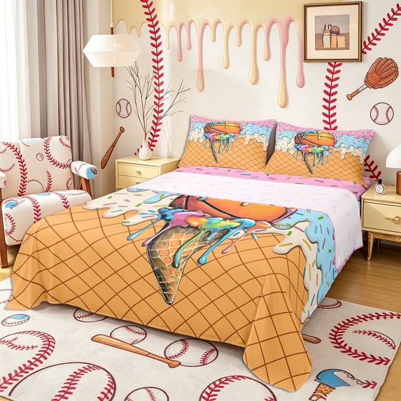 Castle Fairy Cartoon Basketball Ice Cream Cone Bed Sheets 4-Piece, Waffle Checkered Full Size Sheets, Pink Blue Yellow,1 Fitted Sheet, 1 Flat Sheet and 2 Pillowcases