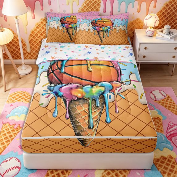 Castle Fairy Cartoon Basketball Ice Cream Cone Zipper Twin Comforter Sets with Fitted Sheet and 2 Pillowcases, Waffle Checkered Zipper Bedding Set, Pink Blue Yellow,4-Piece