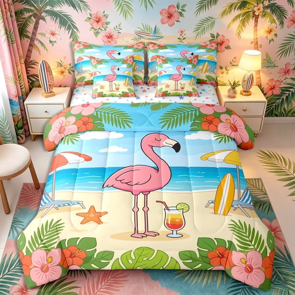 Castle Fairy Cartoon Beach Flamingo 7-Piece Twin Bedding,Cocktail Hibiscus Tropical Border Bedding Comforter Set,Pink Sand,Reversible