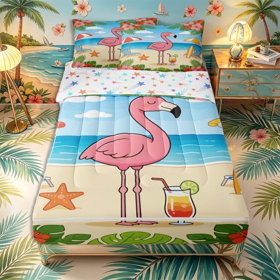 Castle Fairy Cartoon Beach Flamingo Zipper Twin Comforter Sets with Fitted Sheet and 2 Pillowcases,Cocktail Hibiscus Tropical Border Zipper Bedding Set,Pink Sand,Reversible,4-Piece