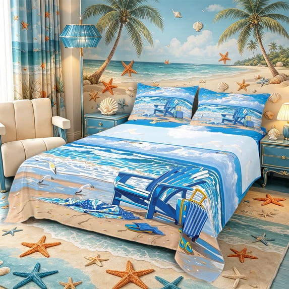 Castle Fairy Cartoon Beach Lounge Chair Queen Sheets 4 Pieces,Seagull Ocean Wave Print Queen Sheet Sets,Blue Yellow,1 Fitted Sheet,1 Flat Sheet and 2 Pillowcases