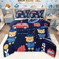 Castle Fairy Cartoon Bear Firefighter Twin Comforter Sets,Kawaii Fire Truck Bedding Set