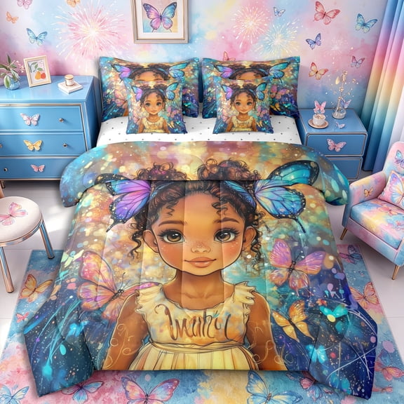 Castle Fairy Cartoon Black Girl Full Size Bedding Sets 7 Pieces for Teens,Watercolor Flying Butterflies Full Size Bed in a Bag,Brown Blue