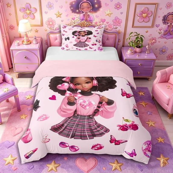 Castle Fairy Cartoon Black Girl Twin Duvet Cover,Butterfly Bow Print Twin Bedding,Pink White,Pink Reversible,1 Duvet Cover and 1 Pillowcase