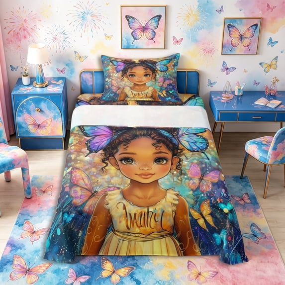 Castle Fairy Cartoon Black Girl Twin Sheets 3pcs,Watercolor Flying Butterflies Bedding,Brown Blue,1 Fitted Sheet, 1 Flat Sheet and 1 Pillowcase