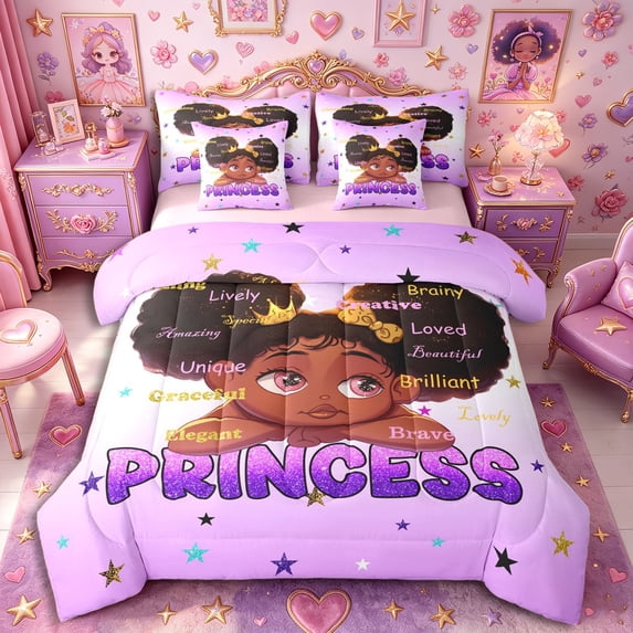 Castle Fairy Cartoon Black Kawaii Princess Queen Bedding 7pcs,Stars Print Design Bedding Comforter Set Queen,Purple Gold,Pink Reversible