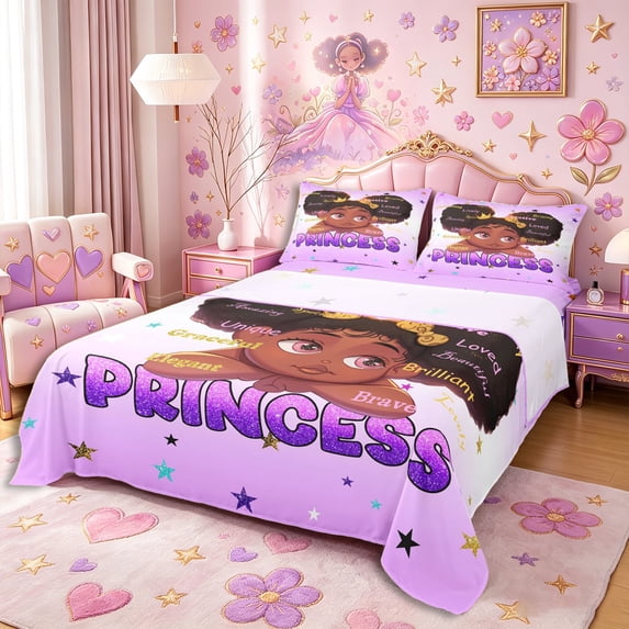 Castle Fairy Cartoon Black Kawaii Princess Queen Sheets 4 Pieces,Stars Print Design Queen Sheet Sets,Purple Gold,1 Fitted Sheet, 1 Flat Sheet and 2 Pillowcases