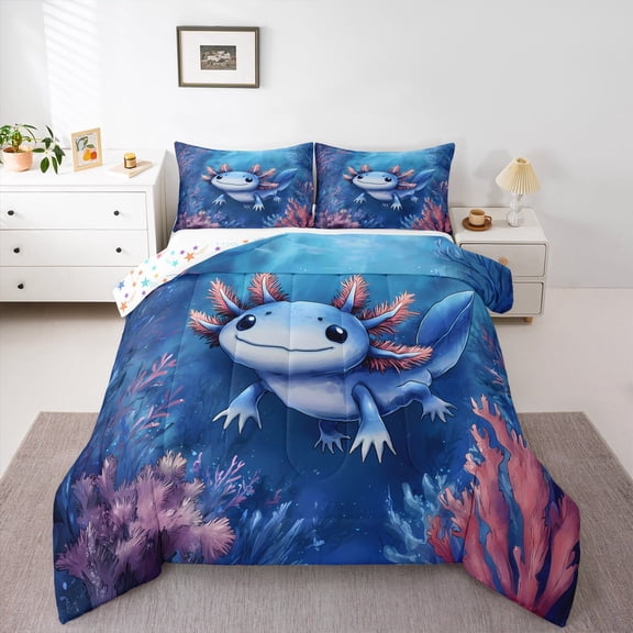 Castle Fairy Cartoon Blue Axolotl Twin Comforter Sets,Ocean Salamander Bedding Set
