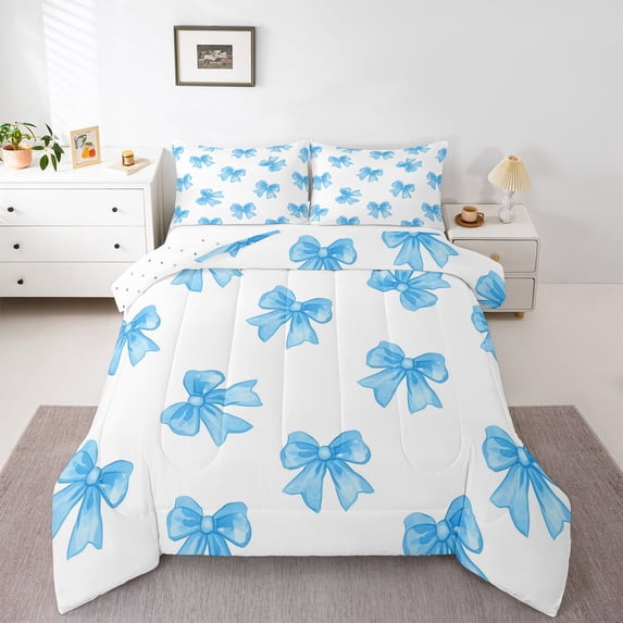 Castle Fairy Cartoon Blue Bow Queen Comforter Set,Ribbon Bowknot Bedding Comforter Set