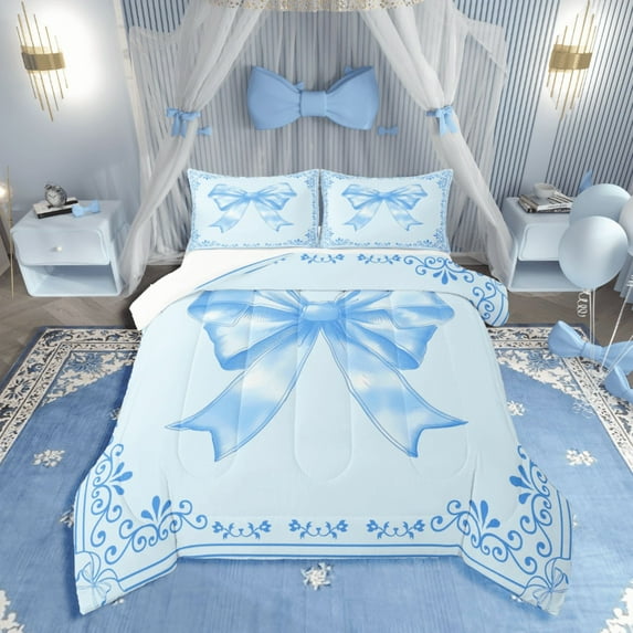 Castle Fairy Cartoon Bow 3-Piece Full Size Comforter Sets,Blue Bowknot Bedding Comforter Set,Chic Flower Lightweight Bedding Sets,Luxury Girls Bedroom Decor