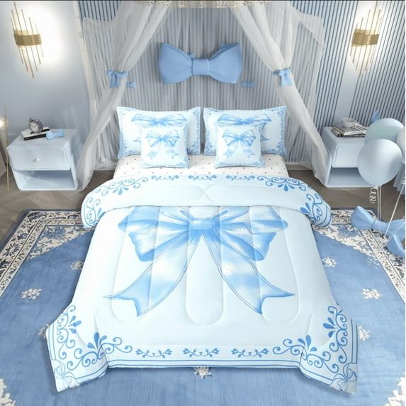 Castle Fairy Cartoon Bow 7-Piece Bedding Comforter Set,Blue Bowknot King Bedding Sets,Chic Flower Ultra Soft Bed Sheets,Luxury Girls Bedroom Decor