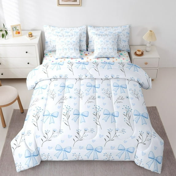 Castle Fairy Cartoon Bow 7-Piece Twin Bedding Sets,Love Heart Bedding Comforter Set,Blue Flower Breathable Sheet Sets,Luxury Polka Dots Bedroom Decor,Reversible