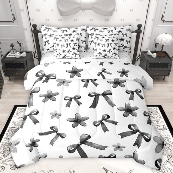 Castle Fairy Cartoon Bow Knot Bedding Comforter Set 7-Piece for Preppy Child,Groovy Flowers King Bedding Sets,Black White Ultra Soft Bed Sheets,Super Cozy Room Decor,Reversible