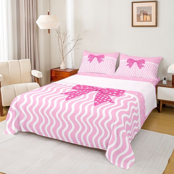 Castle Fairy Cartoon Bow Knot Girl Queen Sheet Sets,Abstract Stripes Bed Set