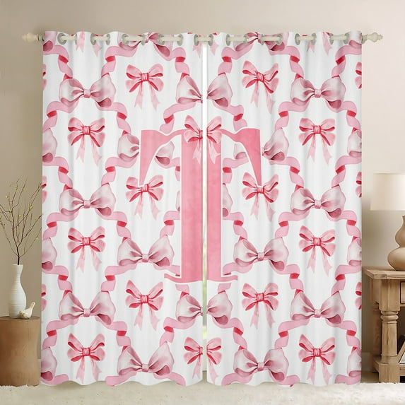Castle Fairy Cartoon Bow Knot Letter Monogrammed T Girl Boy Blackout Curtains Set of 2 (52x84 Each),Cute Bow-Tie Plaid Grid Window Curtains,Dreamy Princess Curtains and Drapes,Ultra Soft Home Decor