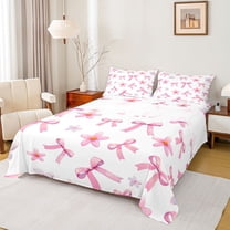 Castle Fairy Cartoon Bow Knot Twin Sheet Sets 3pcs for Preppy Child,Groovy Flowers Twin Fitted Sheet Microfiber,Pink White Breathable Flat Sheet,Super Cozy Room Decor