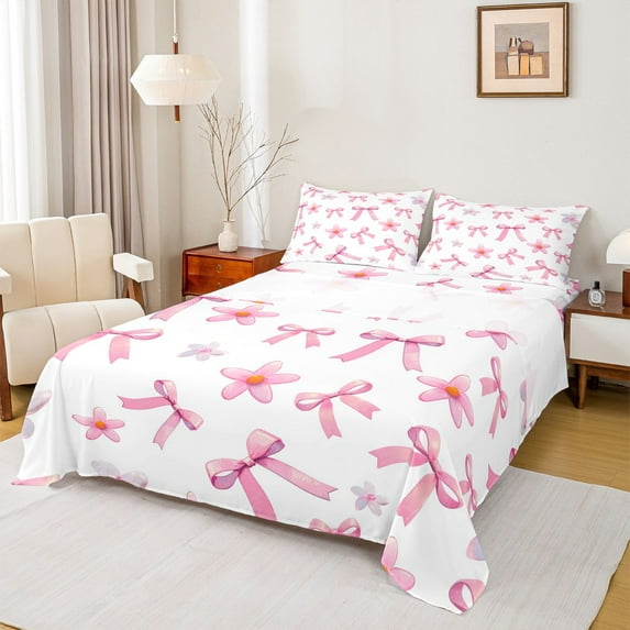 Castle Fairy Cartoon Bow Knot Twin Sheet Sets 3pcs for Preppy Child,Groovy Flowers Twin Fitted Sheet Microfiber,Pink White Breathable Flat Sheet,Super Cozy Room Decor