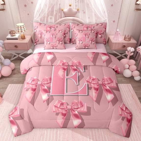 Castle Fairy Cartoon Bow Letter Monogrammed E Twin Bedding Sets 7-Piece for Teenagers Boys Girls,Kawaii Ribbon Bowknot Bedding Comforter Set Microfiber,Cute Bowtie Initial Breathable Sheet Sets