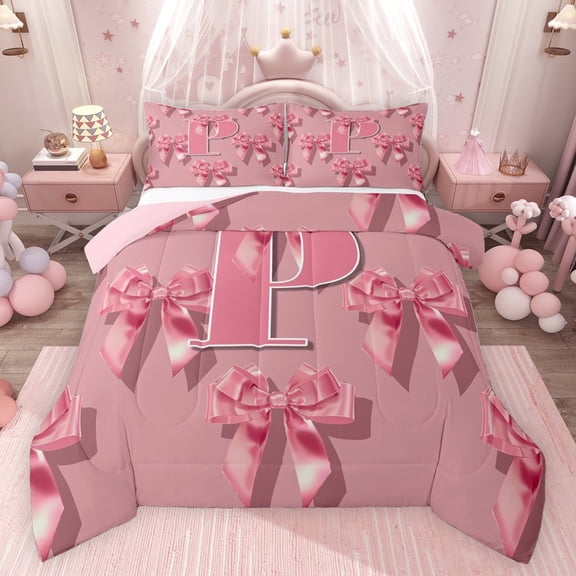 Castle Fairy Cartoon Bow Letter Monogrammed P Bedding Comforter Set 2pcs for Teenagers Boys Girls,Kawaii Ribbon Bowknot Twin Comforter Sets Microfiber,Cute Bowtie Initial Breathable Bedding Set