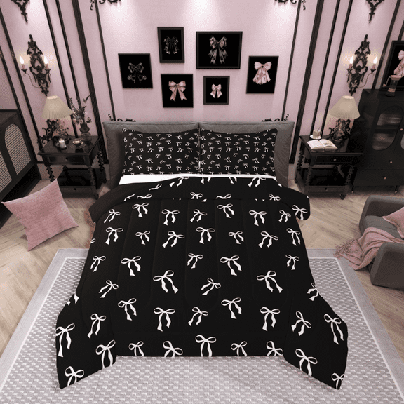 Castle Fairy Cartoon Bow Tie 3 Pieces Queen Comforter Set,Bowknot Bow Ultra Soft Bedding Sets,Dreamy Princess Bedding Comforter Set Breathable,Super Cozy Cute Room Decor