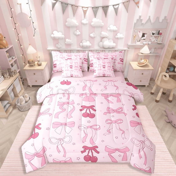 Castle Fairy Cartoon Bow Tie 7-Piece Bedding Comforter Set,Kawaii Cherry King Bedding Sets,Stars Print Ultra Soft Bed Sheets,Lightweight Cute Room Decor,Reversible