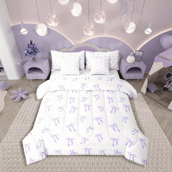 Castle Fairy Cartoon Bow Tie 7-Piece Twin Bedding Sets,Bowknot Bow Bedding Comforter Set,Dreamy Princess Breathable Sheet Sets,Super Cozy Cute Room Decor