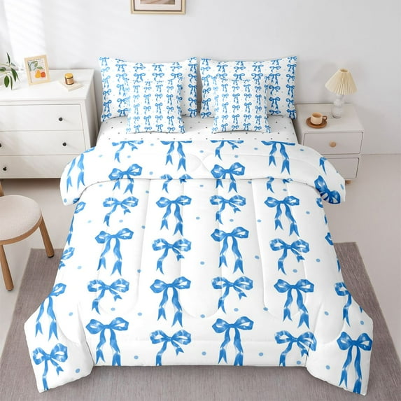 Castle Fairy Cartoon Bowknot Twin Bedding Sets,Blue Ribbon Bow Bedding Comforter Set