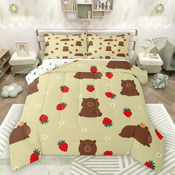 Castle Fairy Cartoon Capybara Bedding Comforter Set 2pcs for Preppy Child,Kawaii Floral Strawberry Twin Comforter Sets Microfiber,Cute Animal Breathable Bedding Set,Ultra Soft Home Decor,Reversible