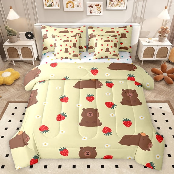 Castle Fairy Cartoon Capybara Bedding Comforter Set 7-Piece for Preppy Child,Kawaii Floral Strawberry King Bedding Sets,Cute Animal Ultra Soft Bed Sheets,Ultra Soft Home Decor,Reversible