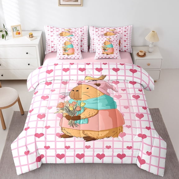 Castle Fairy Cartoon Capybara Bedding Comforter Set,Pink Love Heart King Bedding Sets