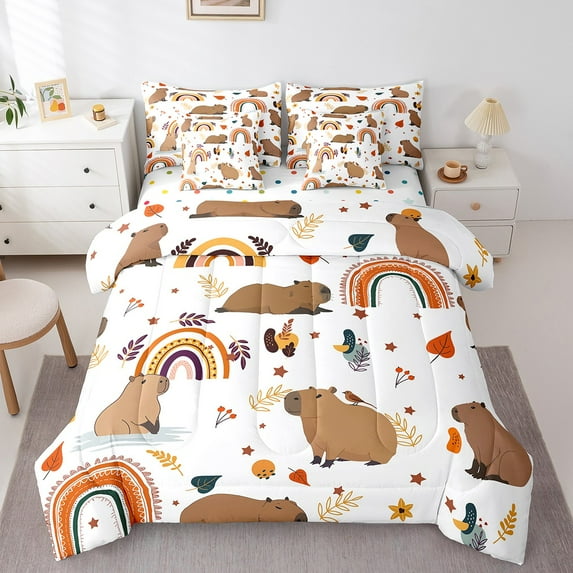 Castle Fairy Cartoon Capybara Bedding Comforter Set,Rainbow Animal King Bedding Sets