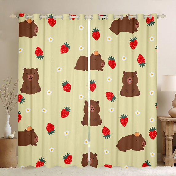 Castle Fairy Cartoon Capybara Black Out Curtains for Preppy Child,Kawaii Floral Strawberry Curtains Pack of 2 (42x63 Each),Cute Animal Bedroom Curtains,Ultra Soft Home Decor