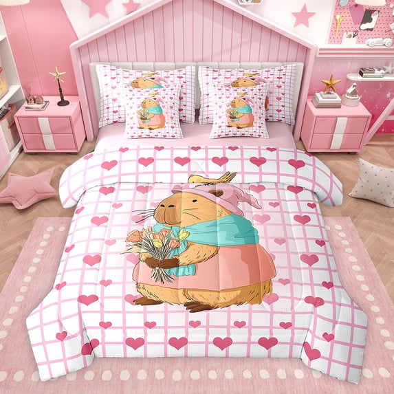 Castle Fairy Cartoon Capybara Twin Bedding Sets,Pink Love Heart Bedding Comforter Set