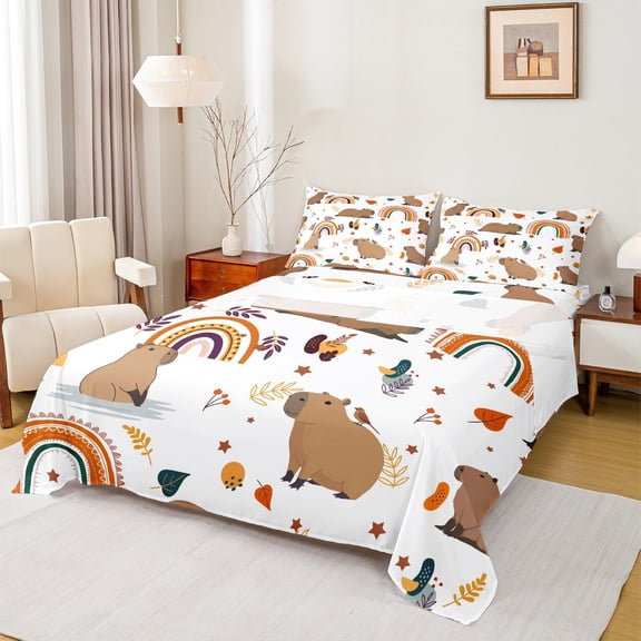 Castle Fairy Cartoon Capybara Twin Sheet Sets for Preppy Kids,Rainbow Animal Bedding