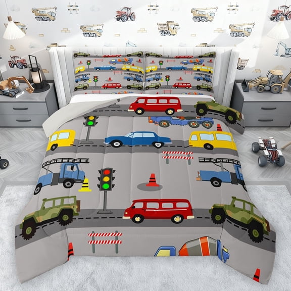 Castle Fairy Cartoon Car 3 Pieces Queen Comforter Set for Preppy Kids Children,Construction Vehicles Ultra Soft Bedding Sets,Transportation Theme Bedding Comforter Set Breathable