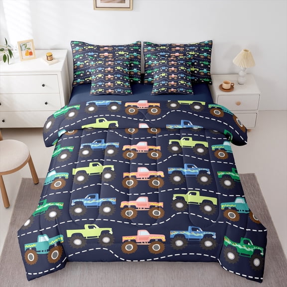 Castle Fairy Cartoon Car 7-Piece Twin Bedding Sets for Child Children Preppy,Kawaii Truck Bedding Comforter Set,Colorful Tractor Breathable Sheet Sets,Breathable Home Decor