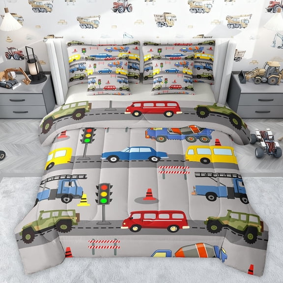 Castle Fairy Cartoon Car Bedding Comforter Set 7 Pieces for Preppy Kids Children,Construction Vehicles Full Bedding Set Lightweight,Transportation Theme Fitted Sheet Flat Sheet,Luxury Bedroom Decor