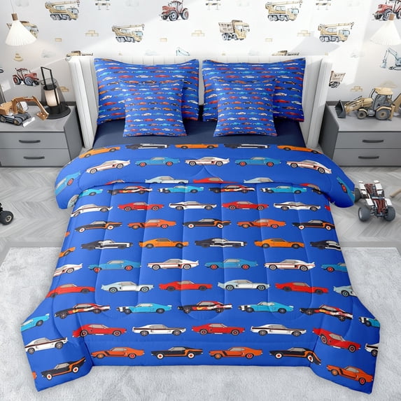 Castle Fairy Boys Cartoon Car 7-Piece Full Bedding Set, Transportation Theme Lightweight Fitted Flat Sheets