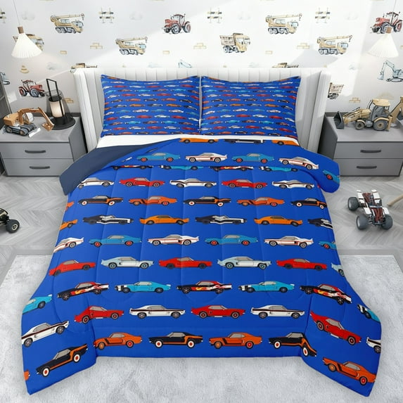 Castle Fairy Cartoon Car Boy Full Size Comforter Sets 3-Piece,Car Theme Bedding Comforter Set,Transportation Theme Lightweight Bedding Sets,Super Cozy Room Decor,Reversible