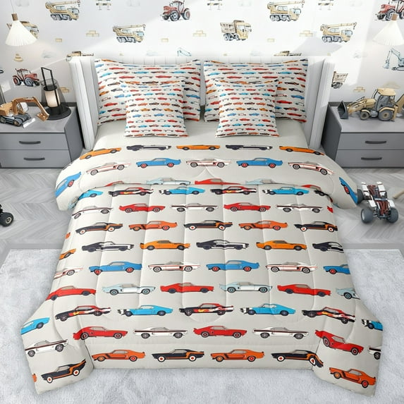Castle Fairy Cartoon Car Boy Twin Bedding Sets 7-Piece,Car Theme Bedding Comforter Set Microfiber,Transportation Theme Breathable Sheet Sets,Super Cozy Room Decor,Reversible